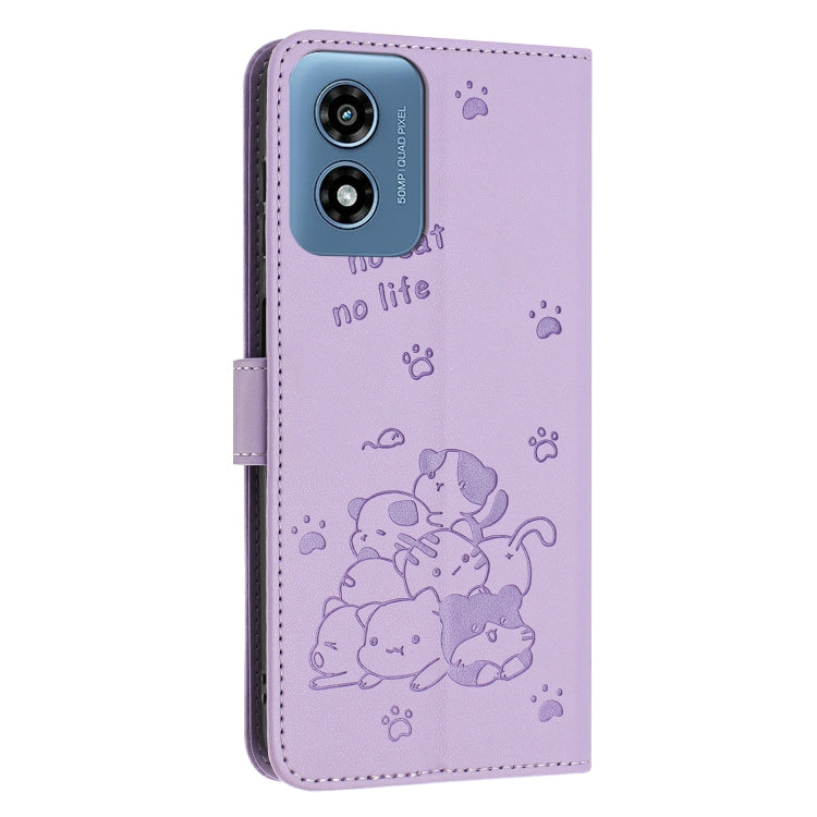 For Motorola Moto G Play 4G 2024 Embossed Kitten Phone Leather Case with Lanyard(Purple) by buy2fix