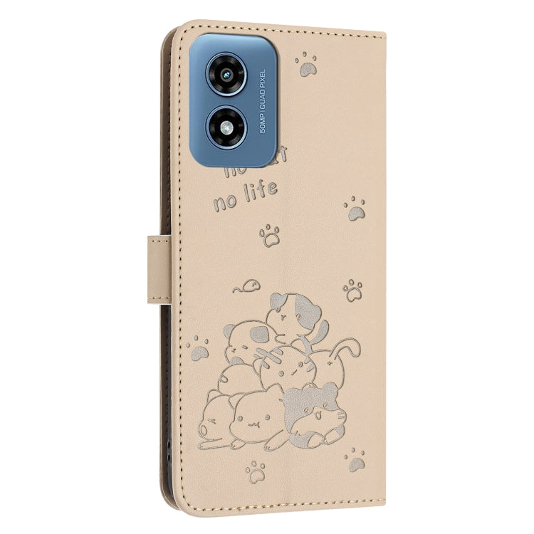 For Motorola Moto G Play 4G 2024 Embossed Kitten Phone Leather Case with Lanyard(Beige) by buy2fix