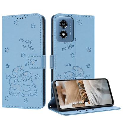 For Motorola Moto G Play 4G 2024 Embossed Kitten Phone Leather Case with Lanyard(Blue) by buy2fix