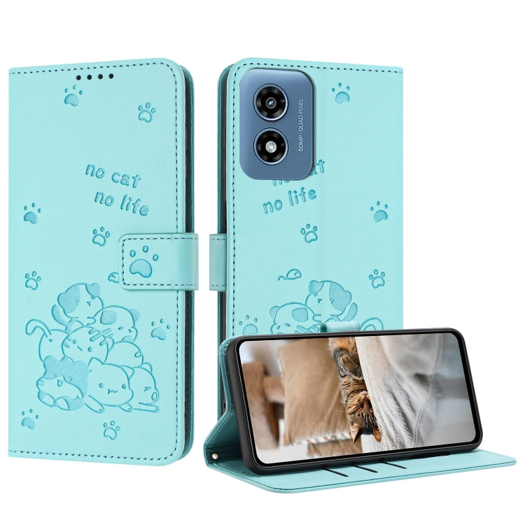 For Motorola Moto G Play 4G 2024 Embossed Kitten Phone Leather Case with Lanyard(Mint Green) by buy2fix