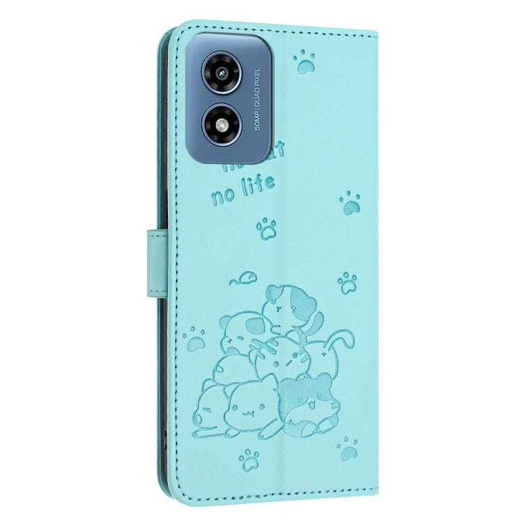 For Motorola Moto G Play 4G 2024 Embossed Kitten Phone Leather Case with Lanyard(Mint Green) by buy2fix