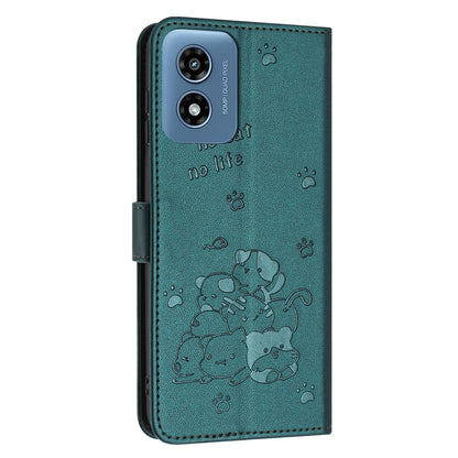 For Motorola Moto G Play 4G 2024 Embossed Kitten Phone Leather Case with Lanyard(Dark Green) by buy2fix