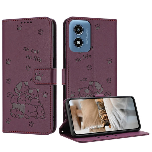For Motorola Moto G Play 4G 2024 Embossed Kitten Phone Leather Case with Lanyard(Wine Red) by buy2fix
