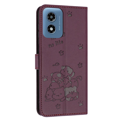 For Motorola Moto G Play 4G 2024 Embossed Kitten Phone Leather Case with Lanyard(Wine Red) by buy2fix