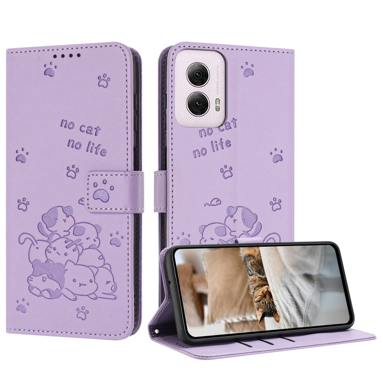 For Motorola Moto G Power 5G 2024 Embossed Kitten Phone Leather Case with Lanyard(Purple) by buy2fix