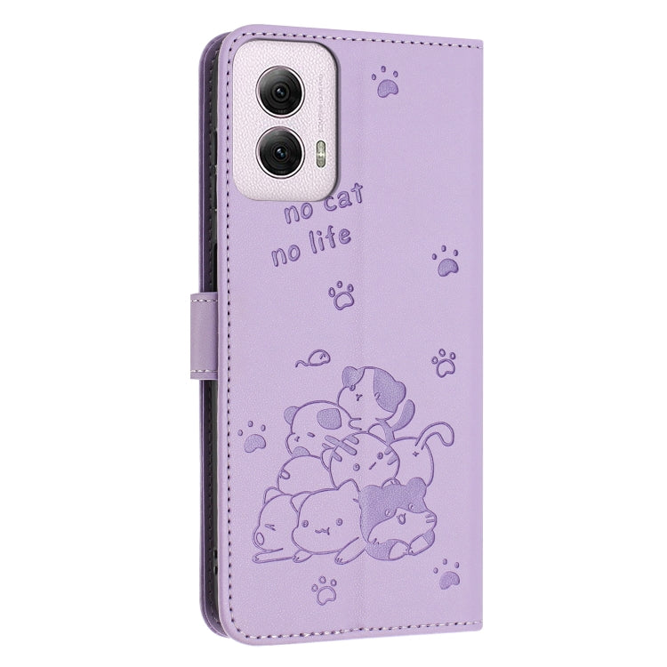 For Motorola Moto G Power 5G 2024 Embossed Kitten Phone Leather Case with Lanyard(Purple) by buy2fix