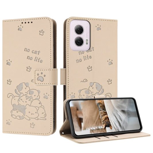 For Motorola Moto G Power 5G 2024 Embossed Kitten Phone Leather Case with Lanyard(Beige) by buy2fix