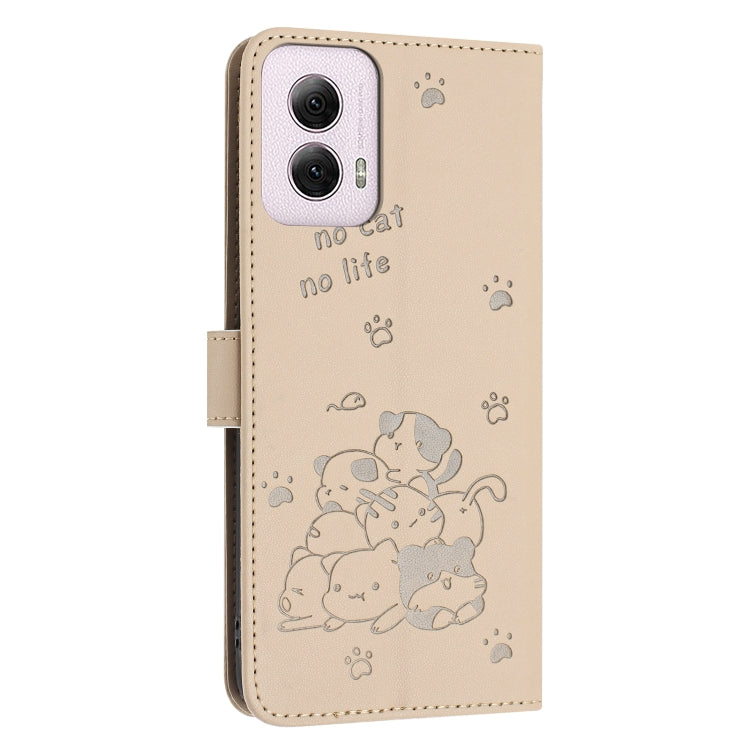 For Motorola Moto G Power 5G 2024 Embossed Kitten Phone Leather Case with Lanyard(Beige) by buy2fix