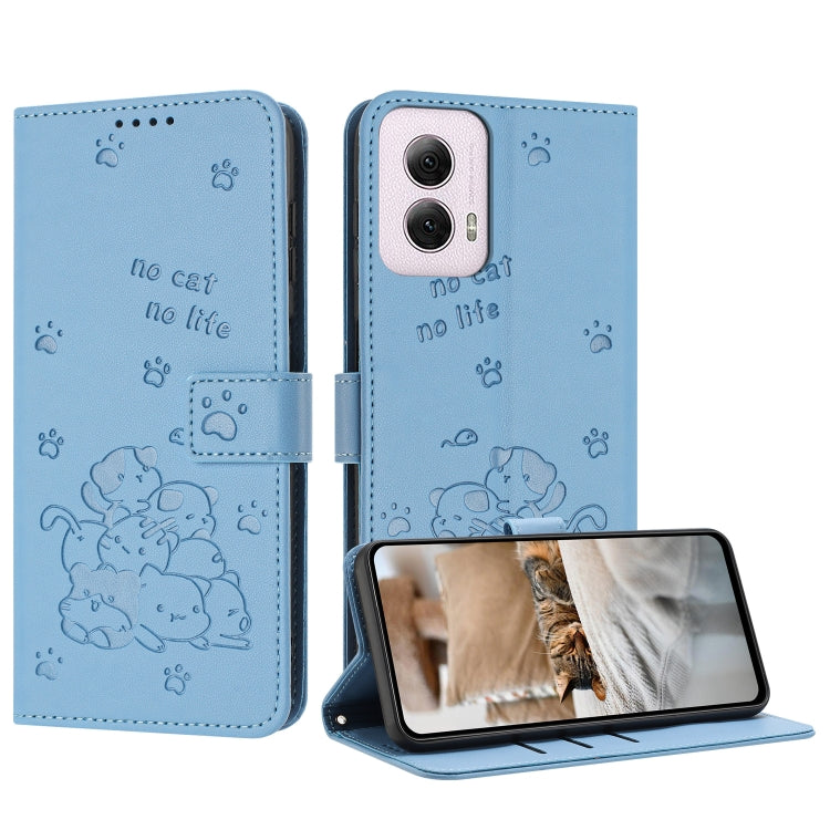 For Motorola Moto G Power 5G 2024 Embossed Kitten Phone Leather Case with Lanyard(Blue) by buy2fix