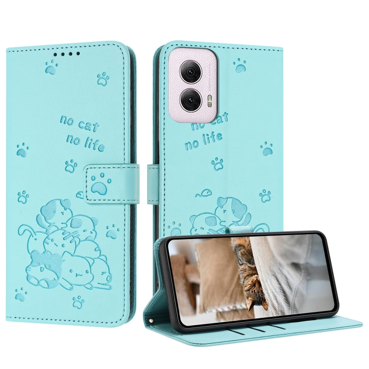 For Motorola Moto G Power 5G 2024 Embossed Kitten Phone Leather Case with Lanyard(Mint Green) by buy2fix