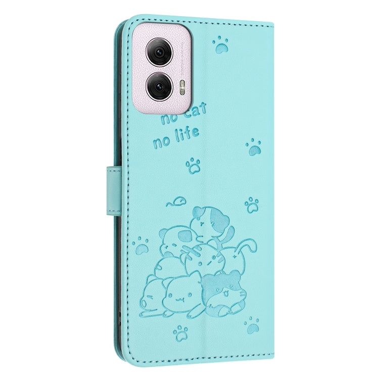 For Motorola Moto G Power 5G 2024 Embossed Kitten Phone Leather Case with Lanyard(Mint Green) by buy2fix