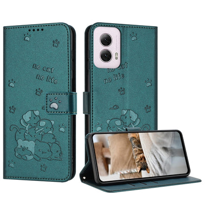 For Motorola Moto G Power 5G 2024 Embossed Kitten Phone Leather Case with Lanyard(Dark Green) by buy2fix