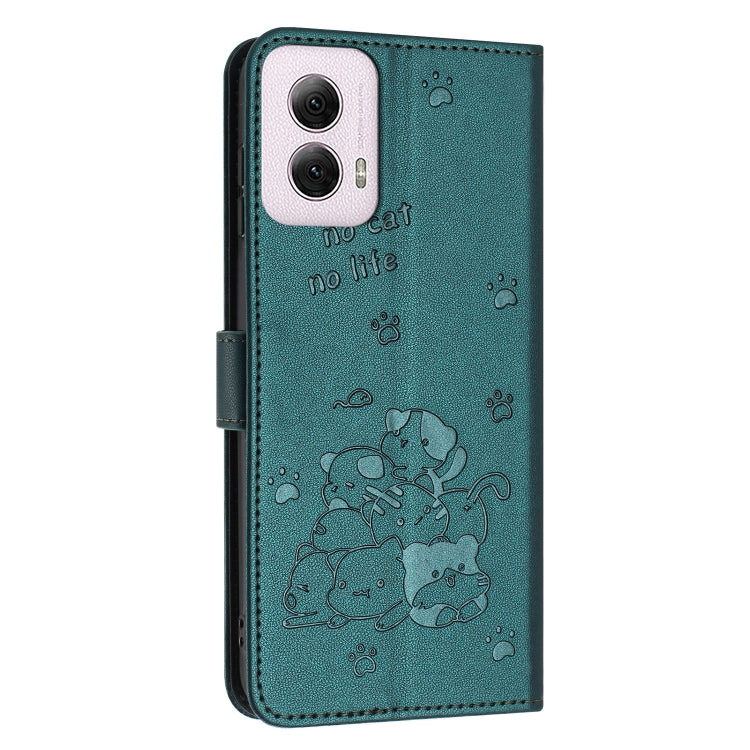 For Motorola Moto G Power 5G 2024 Embossed Kitten Phone Leather Case with Lanyard(Dark Green) by buy2fix