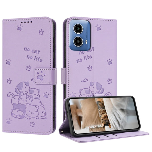 For Motorola Moto G Stylus 5G 2024 Embossed Kitten Phone Leather Case with Lanyard(Purple) by buy2fix
