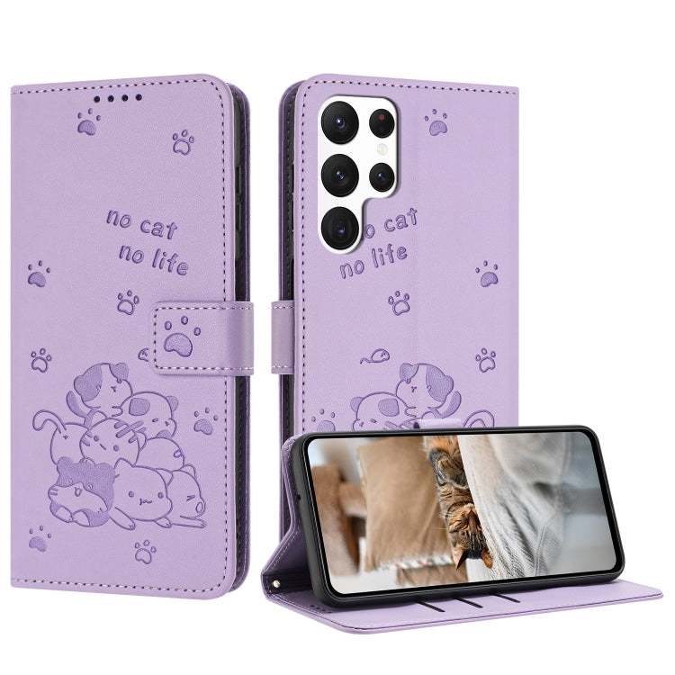 For Samsung Galaxy S25 Ultra 5G Embossed Kitten Phone Leather Case with Lanyard(Purple) by buy2fix