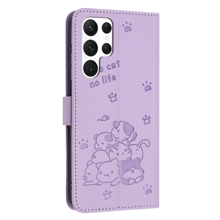 For Samsung Galaxy S25 Ultra 5G Embossed Kitten Phone Leather Case with Lanyard(Purple) by buy2fix