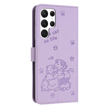 For Samsung Galaxy S25 Ultra 5G Embossed Kitten Phone Leather Case with Lanyard(Purple) by buy2fix
