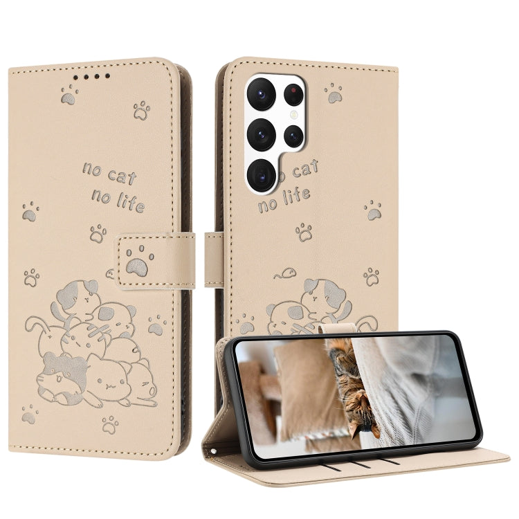 For Samsung Galaxy S25 Ultra 5G Embossed Kitten Phone Leather Case with Lanyard(Beige) by buy2fix