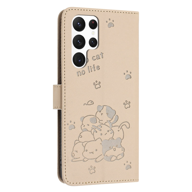 For Samsung Galaxy S25 Ultra 5G Embossed Kitten Phone Leather Case with Lanyard(Beige) by buy2fix