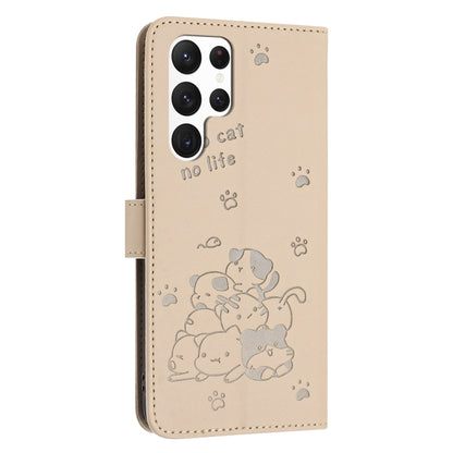 For Samsung Galaxy S25 Ultra 5G Embossed Kitten Phone Leather Case with Lanyard(Beige) by buy2fix