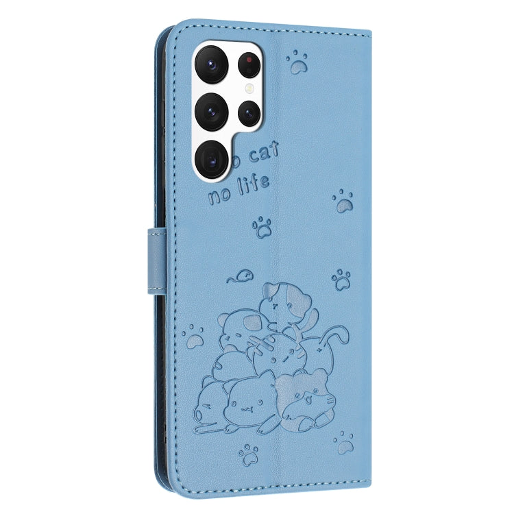 For Samsung Galaxy S25 Ultra 5G Embossed Kitten Phone Leather Case with Lanyard(Blue) by buy2fix