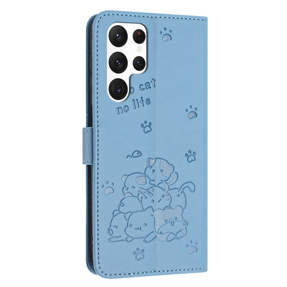 For Samsung Galaxy S25 Ultra 5G Embossed Kitten Phone Leather Case with Lanyard(Blue) by buy2fix