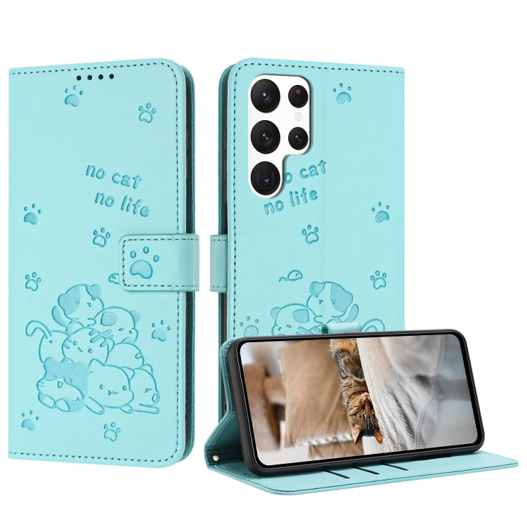 For Samsung Galaxy S25 Ultra 5G Embossed Kitten Phone Leather Case with Lanyard(Mint Green) by buy2fix