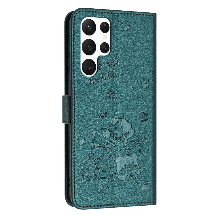 For Samsung Galaxy S25 Ultra 5G Embossed Kitten Phone Leather Case with Lanyard(Dark Green) by buy2fix