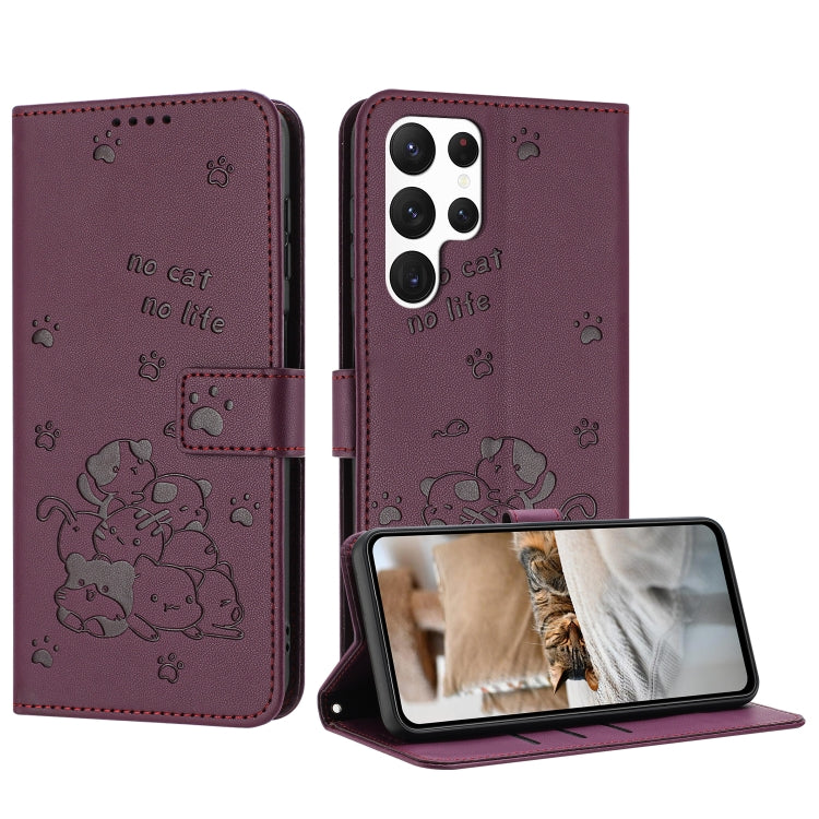 For Samsung Galaxy S25 Ultra 5G Embossed Kitten Phone Leather Case with Lanyard(Wine Red) by buy2fix