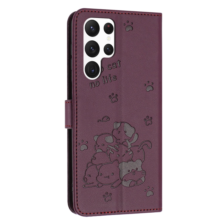 For Samsung Galaxy S25 Ultra 5G Embossed Kitten Phone Leather Case with Lanyard(Wine Red) by buy2fix