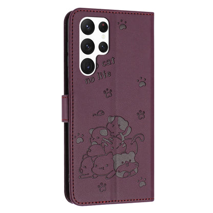 For Samsung Galaxy S25 Ultra 5G Embossed Kitten Phone Leather Case with Lanyard(Wine Red) by buy2fix
