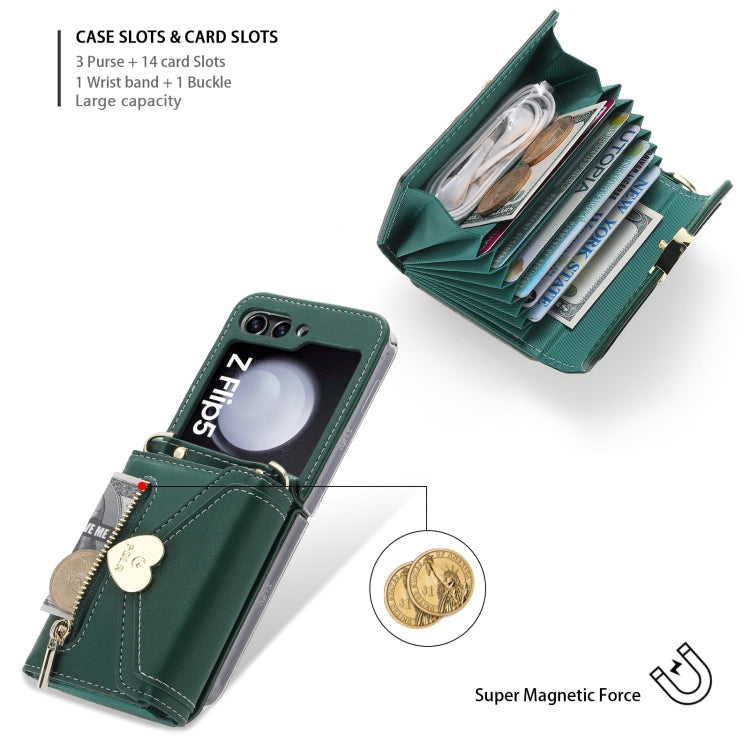 For Samsung Galaxy Z Flip5 POLA Love Buckle Multi-Card Slots Zipper Wallet Phone Case(Green) - Galaxy Z Flip5 Cases by POLA | Online Shopping UK | buy2fix