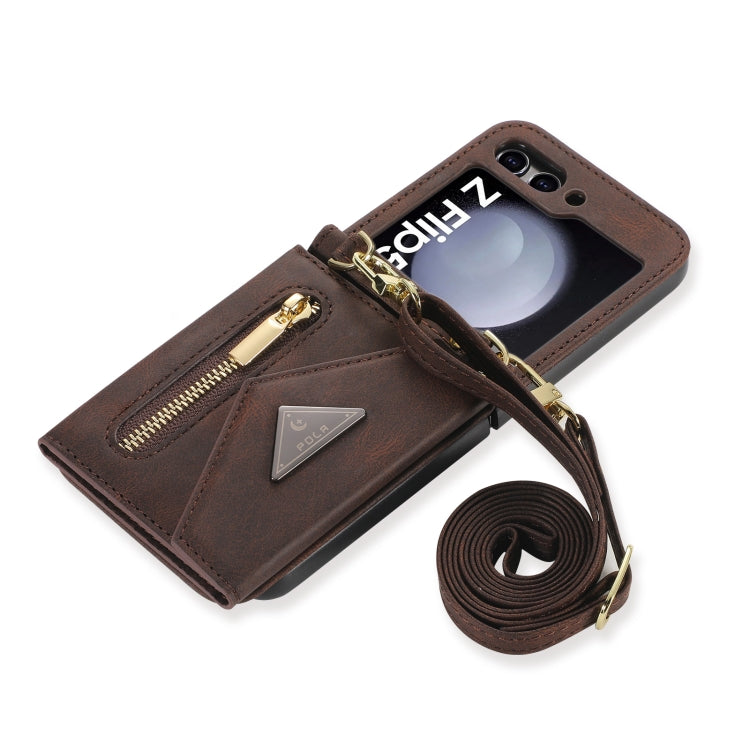 For Samsung Galaxy Z Flip5 POLA Skin Feel Multi-Card Slots Zipper Wallet Phone Case(Brown) - Galaxy Z Flip5 Cases by POLA | Online Shopping UK | buy2fix