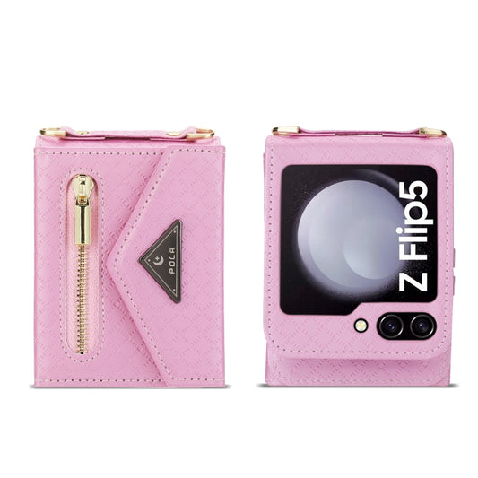 For Samsung Galaxy Z Flip5 POLA Grid Texture Multi-Card Slots Zipper Wallet Phone Case(Pink) - Galaxy Z Flip5 Cases by POLA | Online Shopping UK | buy2fix