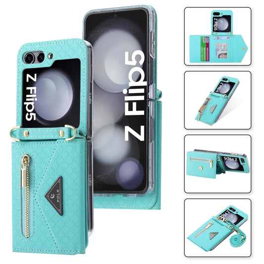 For Samsung Galaxy Z Flip5 POLA Grid Texture Multi-Card Slots Zipper Wallet Phone Case(Blue) - Galaxy Z Flip5 Cases by POLA | Online Shopping UK | buy2fix