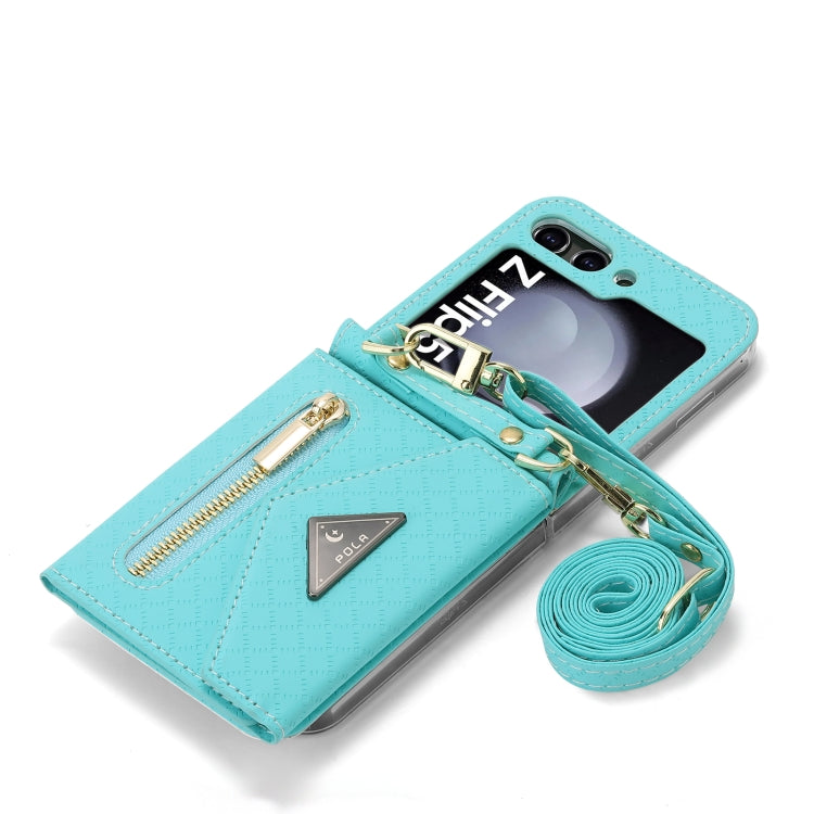 For Samsung Galaxy Z Flip5 POLA Grid Texture Multi-Card Slots Zipper Wallet Phone Case(Blue) - Galaxy Z Flip5 Cases by POLA | Online Shopping UK | buy2fix
