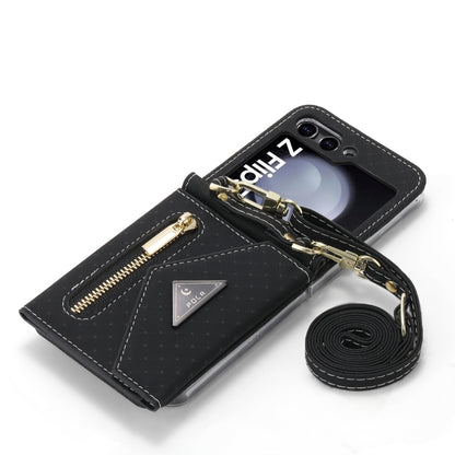 For Samsung Galaxy Z Flip5 POLA Grid Texture Multi-Card Slots Zipper Wallet Phone Case(Black) - Galaxy Z Flip5 Cases by POLA | Online Shopping UK | buy2fix