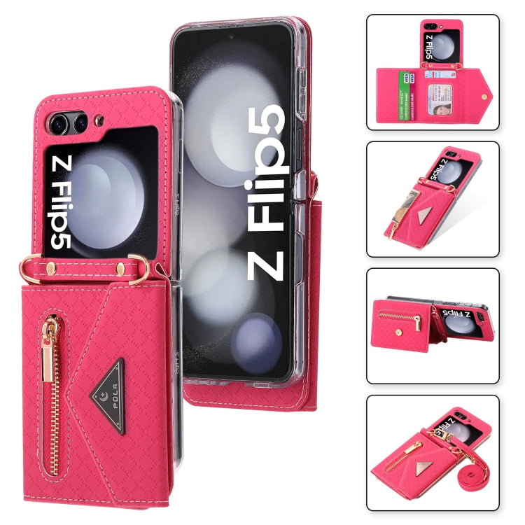 For Samsung Galaxy Z Flip5 POLA Grid Texture Multi-Card Slots Zipper Wallet Phone Case(Rose Red) - Galaxy Z Flip5 Cases by POLA | Online Shopping UK | buy2fix