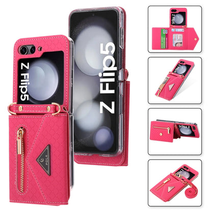 For Samsung Galaxy Z Flip5 POLA Grid Texture Multi-Card Slots Zipper Wallet Phone Case(Rose Red) - Galaxy Z Flip5 Cases by POLA | Online Shopping UK | buy2fix