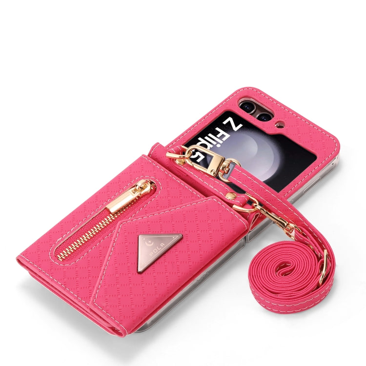 For Samsung Galaxy Z Flip5 POLA Grid Texture Multi-Card Slots Zipper Wallet Phone Case(Rose Red) - Galaxy Z Flip5 Cases by POLA | Online Shopping UK | buy2fix