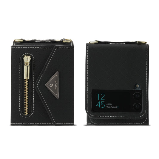 For Samsung Galaxy Z Flip3 5G POLA Grid Texture Multi-Card Slots Zipper Wallet Phone Case(Black) - Galaxy Phone Cases by POLA | Online Shopping UK | buy2fix