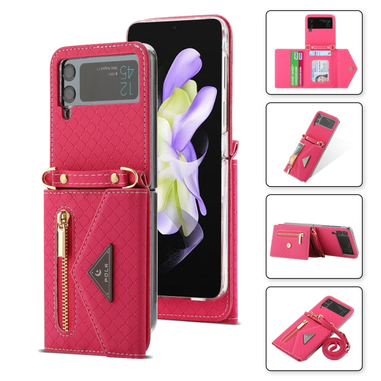 For Samsung Galaxy Z Flip3 5G POLA Grid Texture Multi-Card Slots Zipper Wallet Phone Case(Rose Red) - Galaxy Phone Cases by POLA | Online Shopping UK | buy2fix