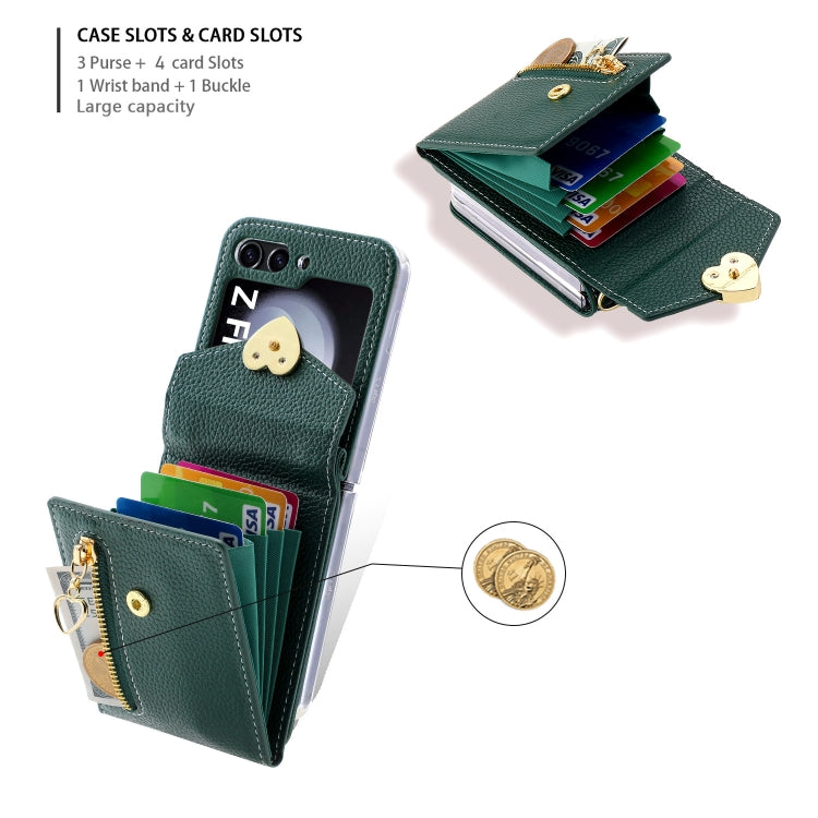 For Samsung Galaxy Z Flip5 POLA Litchi Texture Love Buckle Multi-Card Slots Zipper Wallet Phone Case(Green) - Galaxy Z Flip5 Cases by POLA | Online Shopping UK | buy2fix