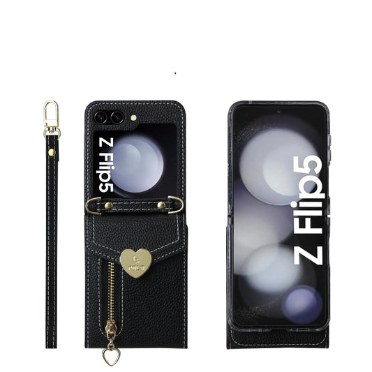 For Samsung Galaxy Z Flip5 POLA Litchi Texture Love Buckle Multi-Card Slots Zipper Wallet Phone Case(Black) - Galaxy Z Flip5 Cases by POLA | Online Shopping UK | buy2fix