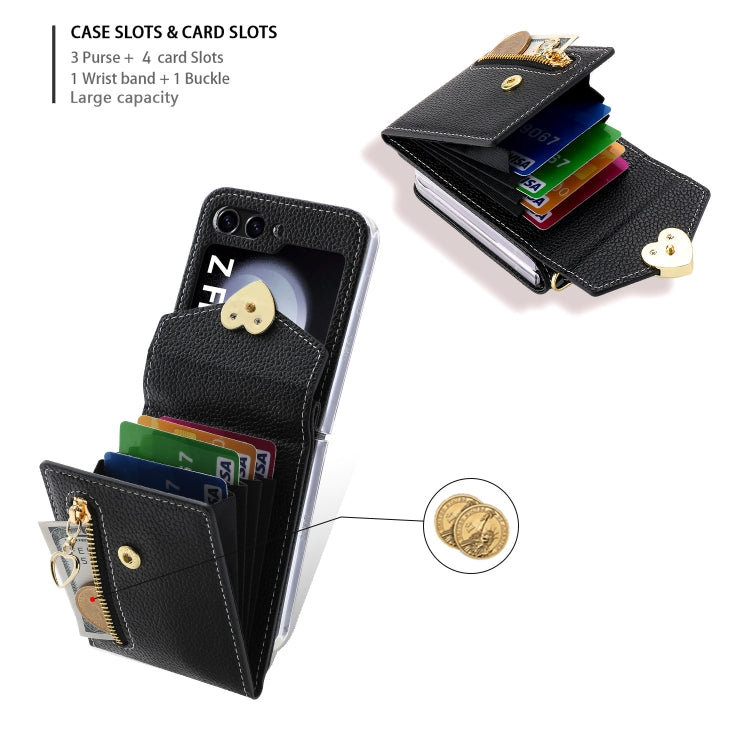 For Samsung Galaxy Z Flip5 POLA Litchi Texture Love Buckle Multi-Card Slots Zipper Wallet Phone Case(Black) - Galaxy Z Flip5 Cases by POLA | Online Shopping UK | buy2fix