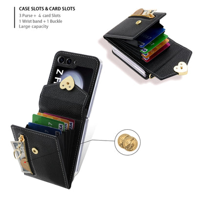 For Samsung Galaxy Z Flip5 POLA Litchi Texture Love Buckle Multi-Card Slots Zipper Wallet Phone Case(Black) - Galaxy Z Flip5 Cases by POLA | Online Shopping UK | buy2fix