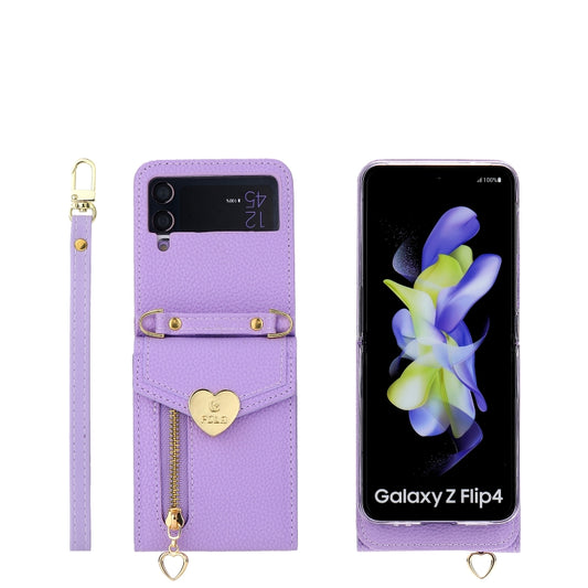 For Samsung Galaxy Z Flip4 POLA Litchi Texture Love Buckle Multi-Card Slots Zipper Wallet Phone Case(Purple) - Galaxy Z Flip4 5G Cases by POLA | Online Shopping UK | buy2fix