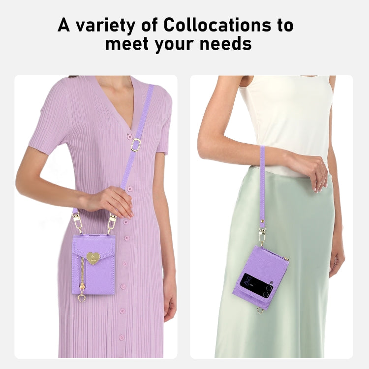 For Samsung Galaxy Z Flip4 POLA Litchi Texture Love Buckle Multi-Card Slots Zipper Wallet Phone Case(Purple) - Galaxy Z Flip4 5G Cases by POLA | Online Shopping UK | buy2fix