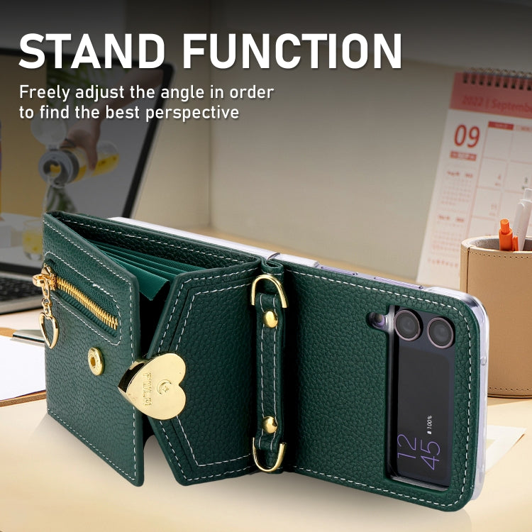 For Samsung Galaxy Z Flip4 POLA Litchi Texture Love Buckle Multi-Card Slots Zipper Wallet Phone Case(Green) - Galaxy Z Flip4 5G Cases by POLA | Online Shopping UK | buy2fix