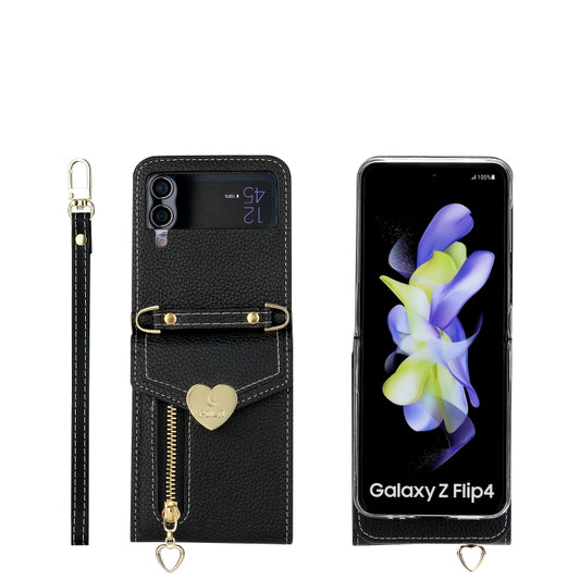 For Samsung Galaxy Z Flip4 POLA Litchi Texture Love Buckle Multi-Card Slots Zipper Wallet Phone Case(Black) - Galaxy Z Flip4 5G Cases by POLA | Online Shopping UK | buy2fix